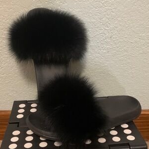 Black Furry Slide Sandals